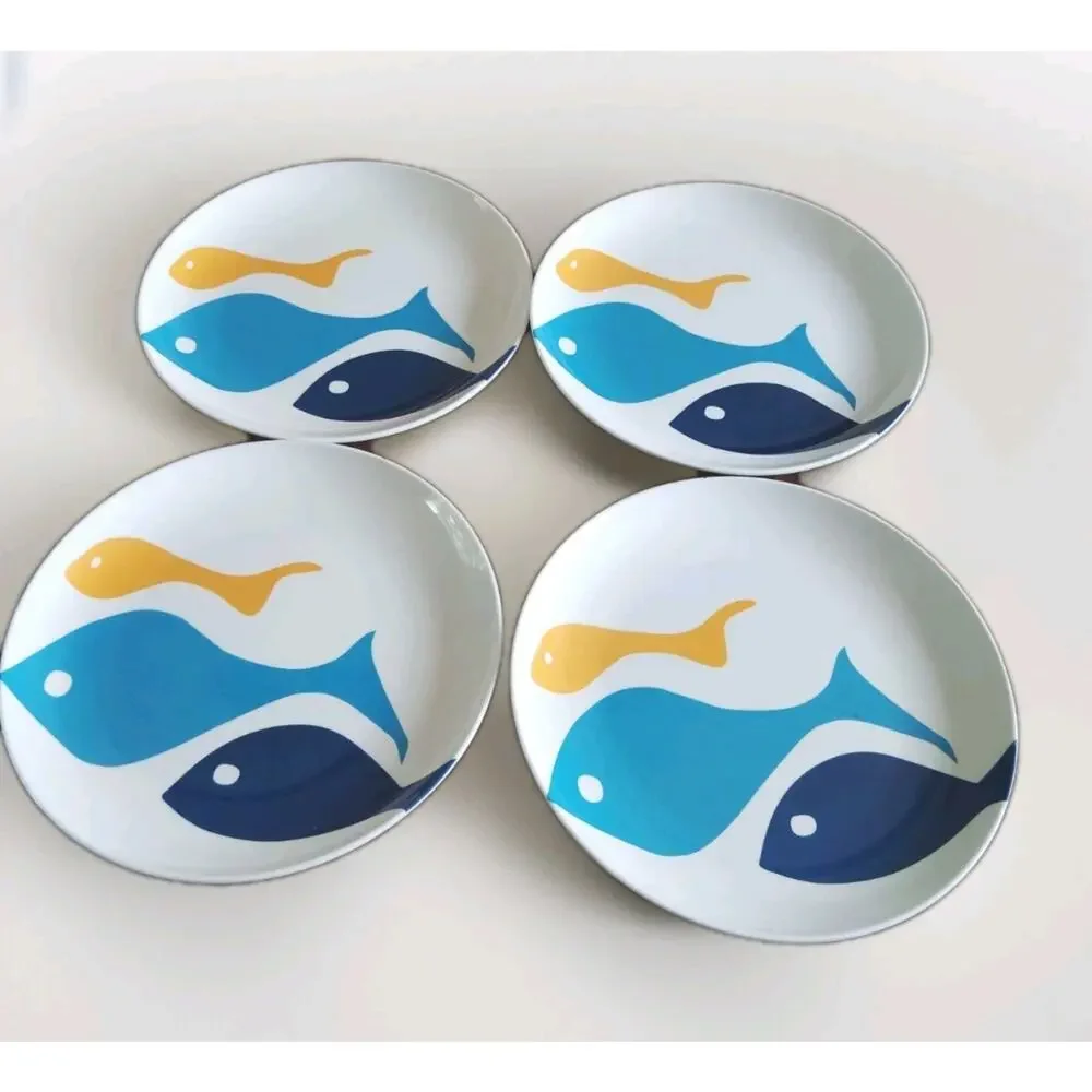Pottery Barn Melamine 4 Plates School Of Fish Pattern Preowned- Used